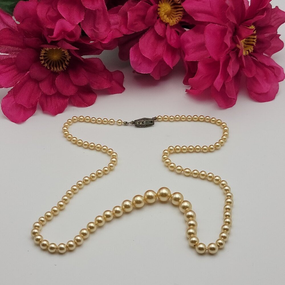 Vintage Signed Sterling M Cream Faux Pearl Beaded Necklace 21" Graduated Dainty